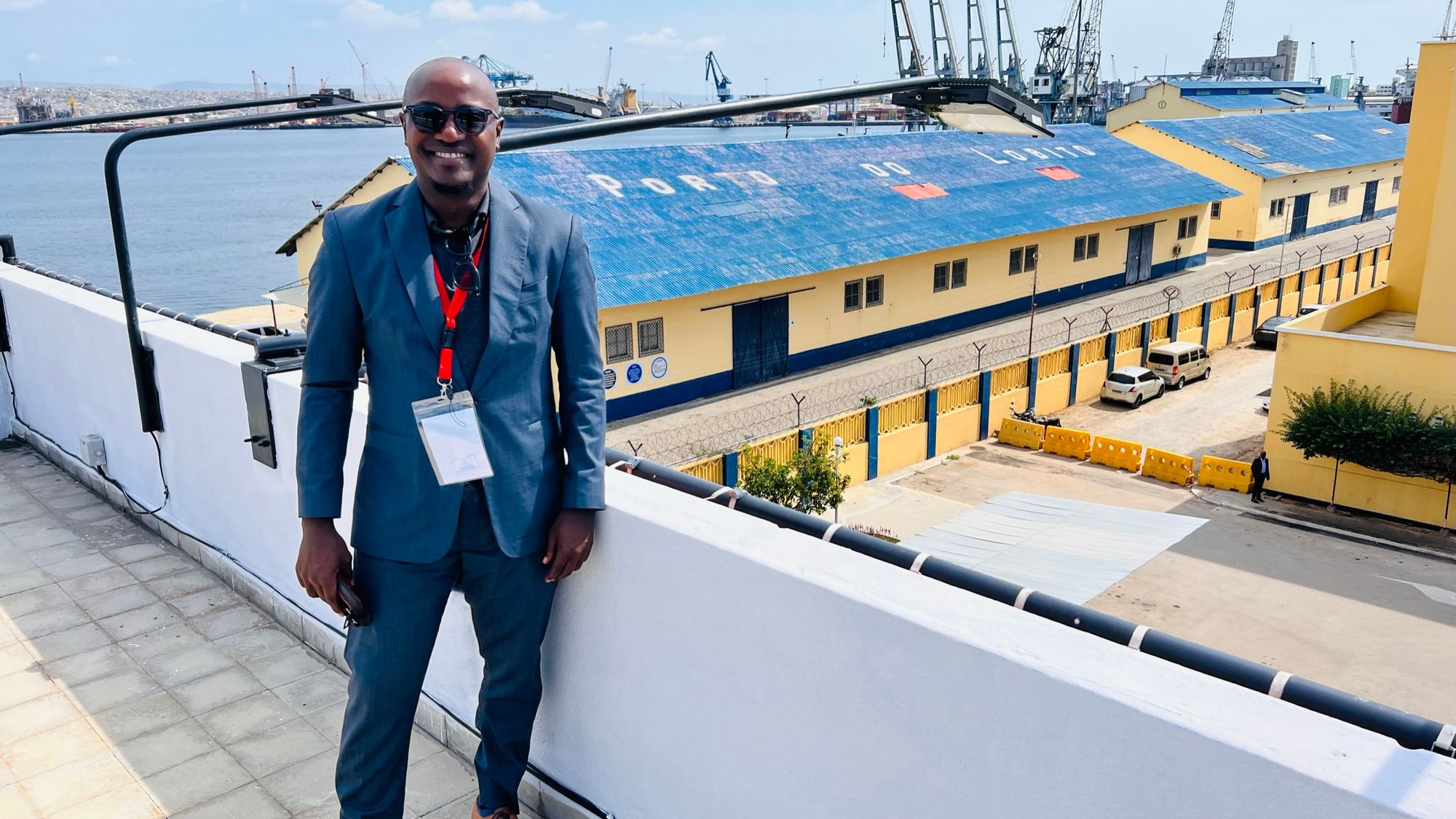 Photograph of me standing on a rooftop at the Port of Lobito in Angola.